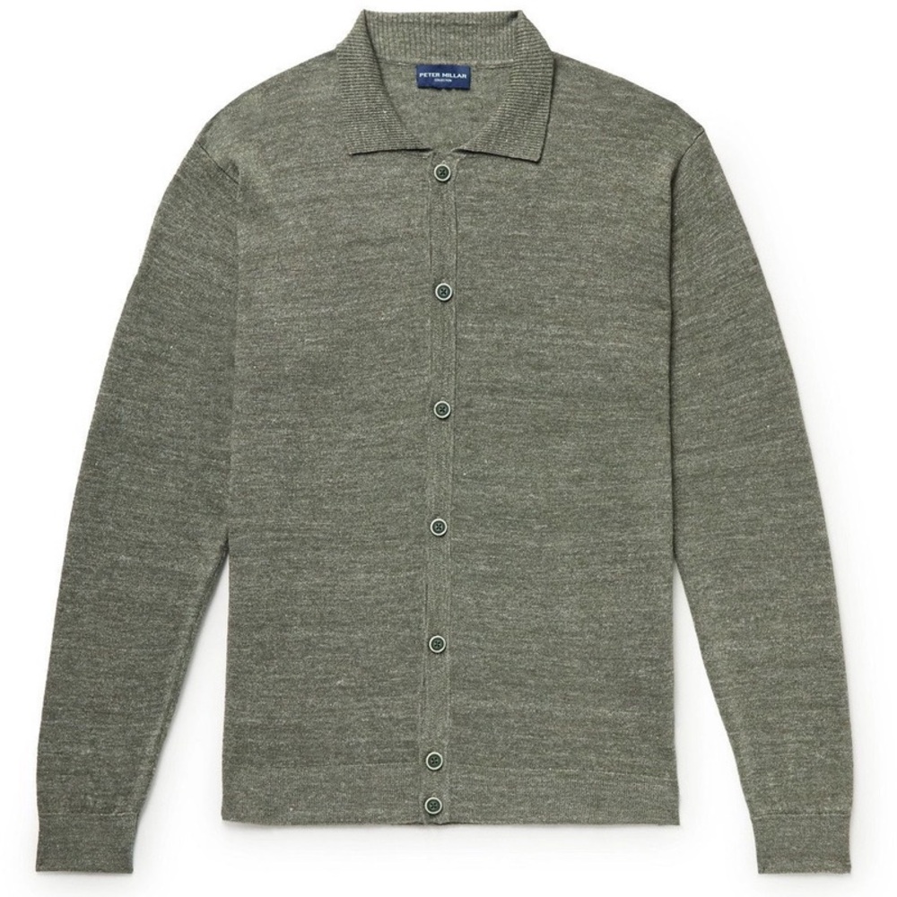 Peter Millar Spring Collection Fine Knit Green Merino Wool Linen Button Cardigan